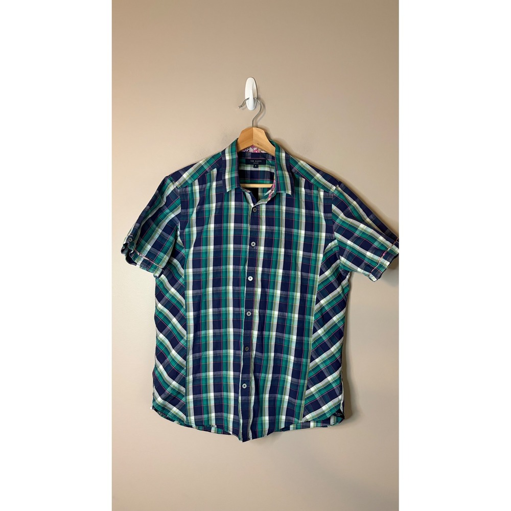Ted Baker Button Down Mens 4 Green Plaid Excellent Short Sleeve Floral Trim